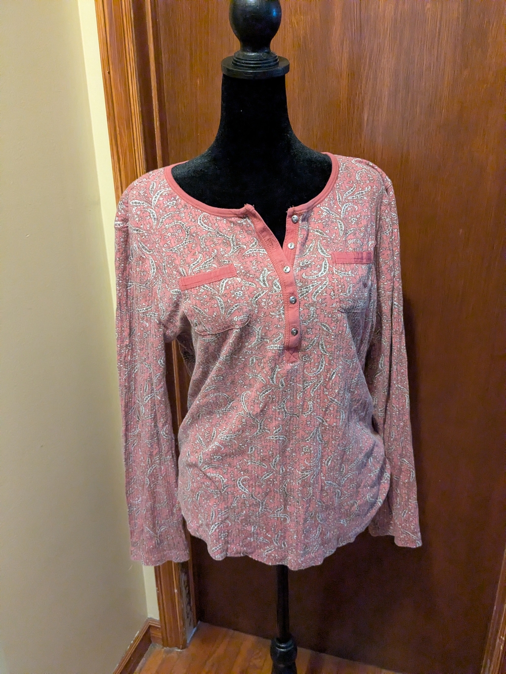 Chaps Cotton Henley Long Sleeve Print Top